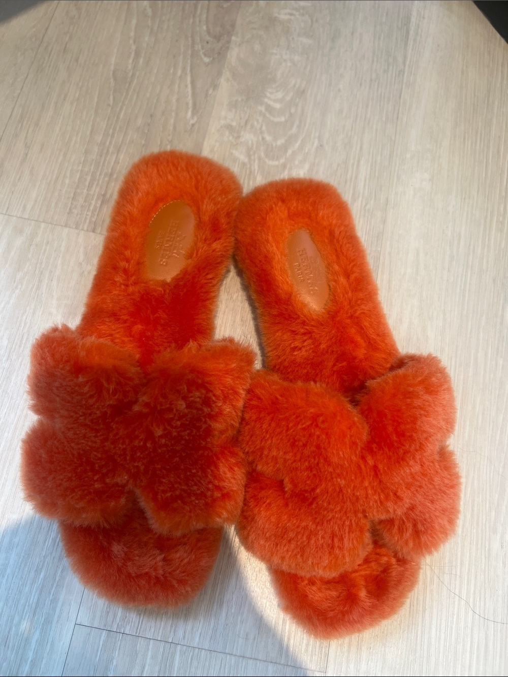 Hermes Faux Fur Slide Slippers - Orange